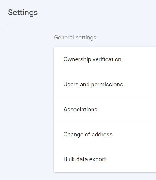 Users and permissions is the second item listed in Google Search Console settings