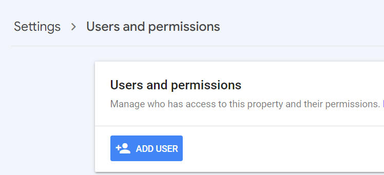 Blue ADD USER button is where you click to give people permission in your Google Search Console.