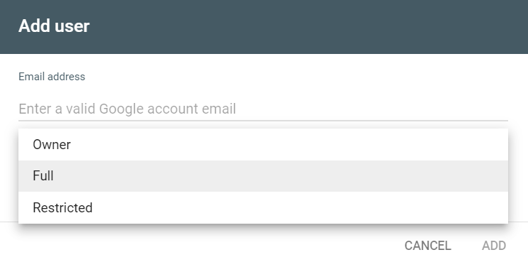 The word "Full" is highlighted in gray on a screenshot of a pop-up screen, suggesting where to click to give full permissions to your Google Search Console.