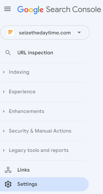 Icon of a cog and the word Settings is where to go to give access to your Google Search Console.